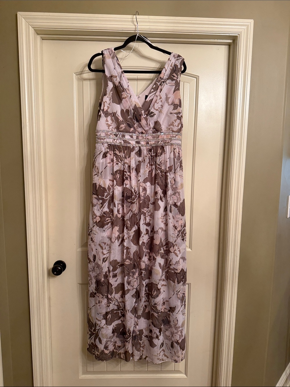 R&M Richards Pink and Brown Floral V-Neck Maxi Dress - Worn Once